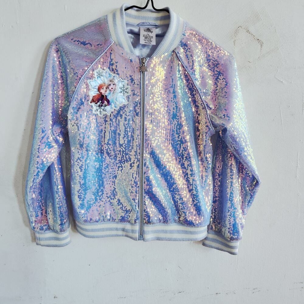 Disney Girls Sz 7/8 Frozen Elsa & Anna Varsity Jacket Silver Glimmer Sequins